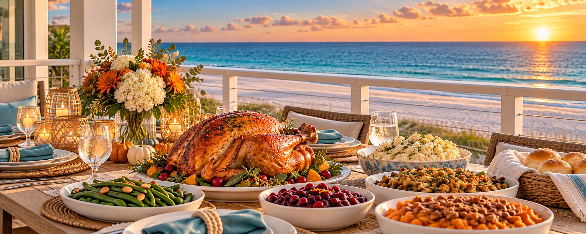 Thanksgiving dinner with roasted turkey and traditional holiday sides on an elevated beachfront balcony overlooking the Gulf of Mexico on Anna Maria Island, Florida.