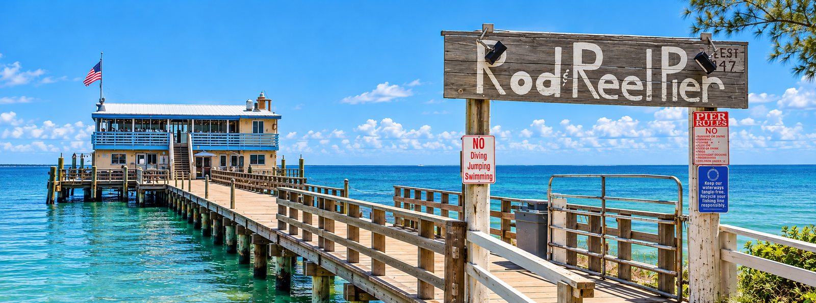 Historic Rod & Reel Pier and two-story waterfront restaurant overlooking Tampa Bay on Anna Maria Island before the 2024 hurricanes.